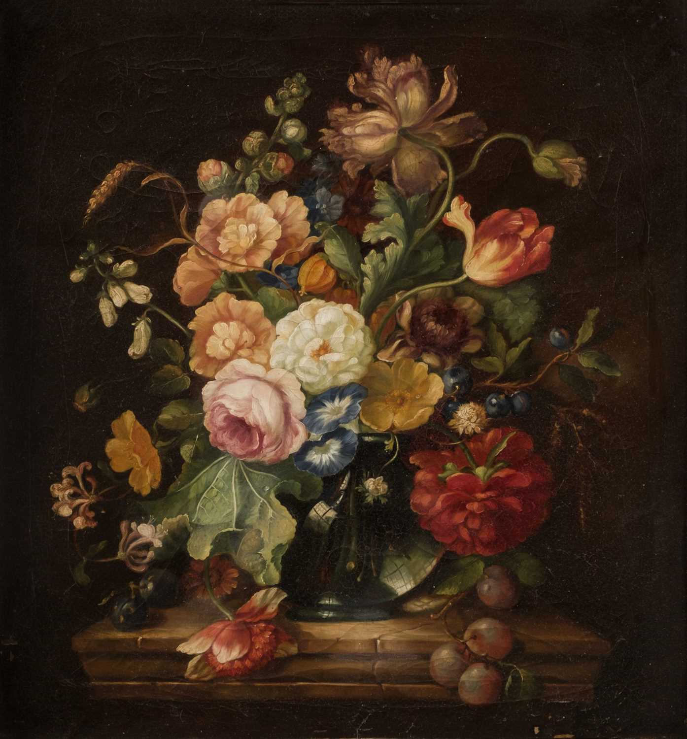Lot 48 - Dutch School. Still life of a Vase of Flowers on a Ledge, 18th century, oil on canvas