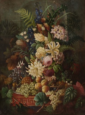 Lot 71 - English School. Still Life of Flowers and Fruit on a Table, circa 1830-1850, oil on canvas