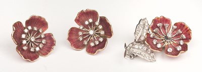 Lot 629 - Boucheron. A fine suite of enamel and diamond flower jewellery circa 1950