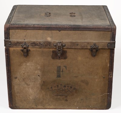 Lot 460 - Luggage. A hat trunk, Paris: Lebel Stritter, early 20th century, & 2 top hats, tailcoats & shirts