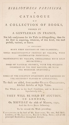 Lot 413 - Edwards (James). Bibliotheca Parisiana: A Catalogue of a Collection of Books, 1791