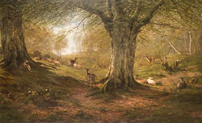 Lot 96 - Luker (William, 1846-1905). Fallow Deer in Woodland, 1879, oil on canvas