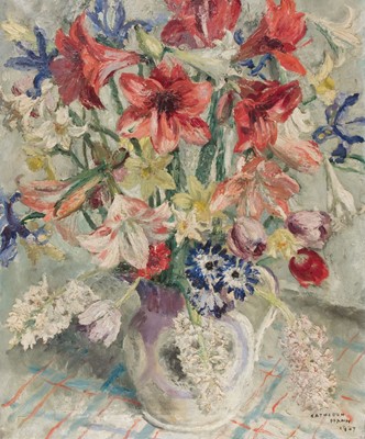 Lot 350 - Mann (Cathleen Sabine, 1896-1959). Still life of a Vase of Flowers on a patterned table cloth, 1937