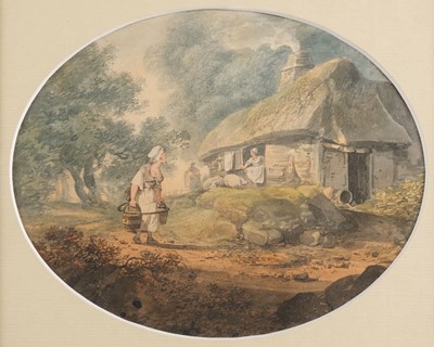 Lot 128 - Payne (William, 1760-1830). Oval landscape with milkmaid, watercolour on paper...