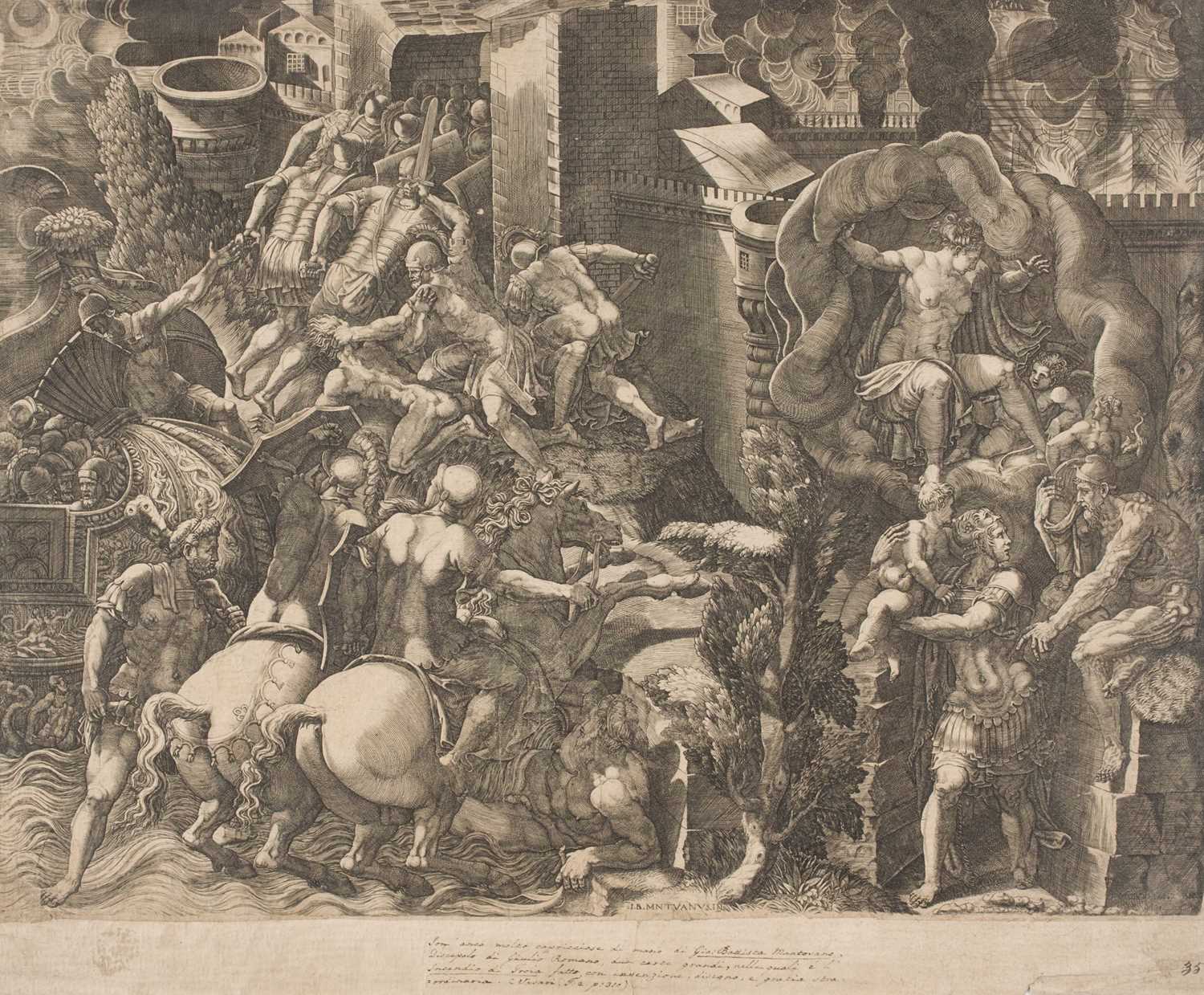 Lot 3 - Ghisi (Giorgio Mantovano, circa 1512/20 - 1582). The Fall of Troy and the Escape of Aeneas...