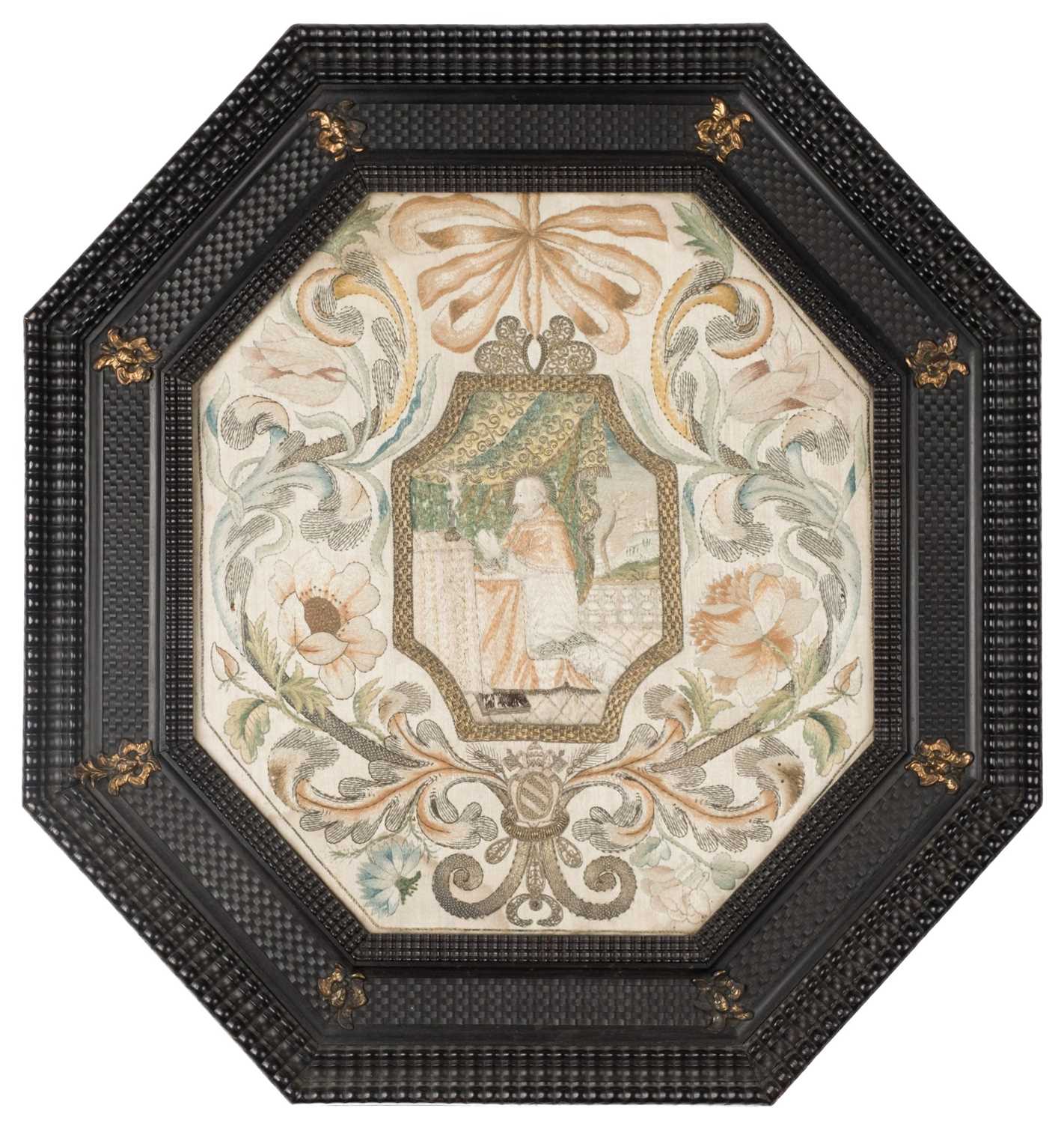 Lot 438 - Embroidered Picture. A 17th century octagonal trompe-l'œil needlework