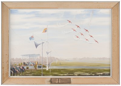 Lot 129 - Douglas (Penelope). The Queen's Flypast, oil, showing the Red Arrows at Abingdon, 14 June 1968