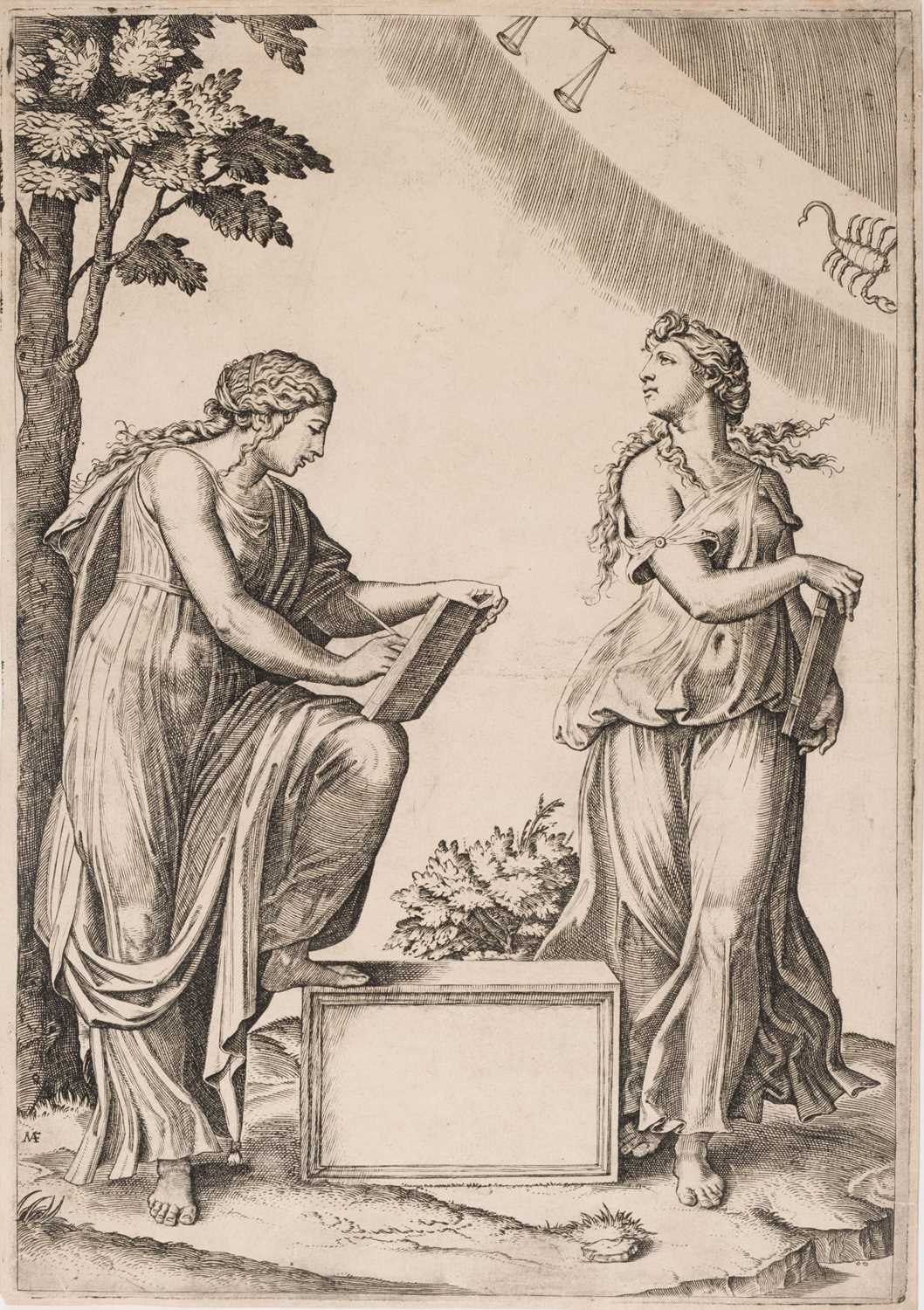 Lot 1 - Marcantonio Raimondi, Two Women with the Zodiac, after Raphael, circa 1517-20, engraving