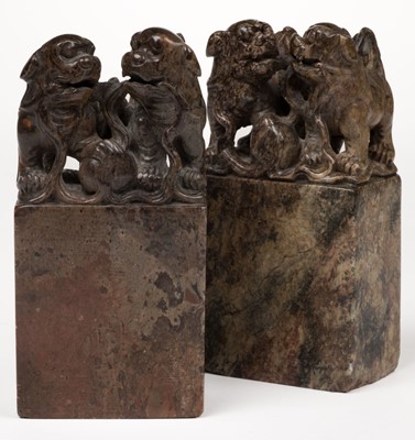 Lot 512 - Chinese soapstone seals. A pair of carved Chinese soapstone block seals, circa 1900