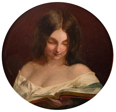 Lot 88 - Follower of William Etty (1787-1849). Portrait of a Young Lady holding a Book, circa 1860