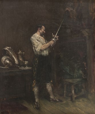 Lot 311 - Simpson (Alexander Brantingham, active 1904-1931). Interior with a Man inspecting his sword, oil on wood panel