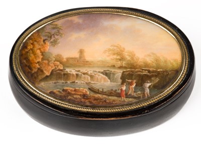 Lot 566 - Snuff box. A continental papier mache snuff box, mid-19th century