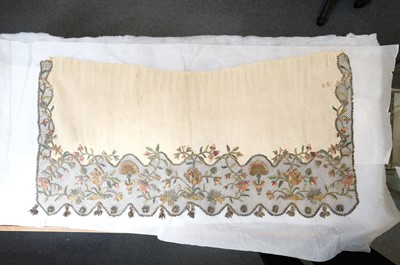 Lot 434 - Embroidered Apron. An English embroidered silk apron panel, early-mid 18th century
