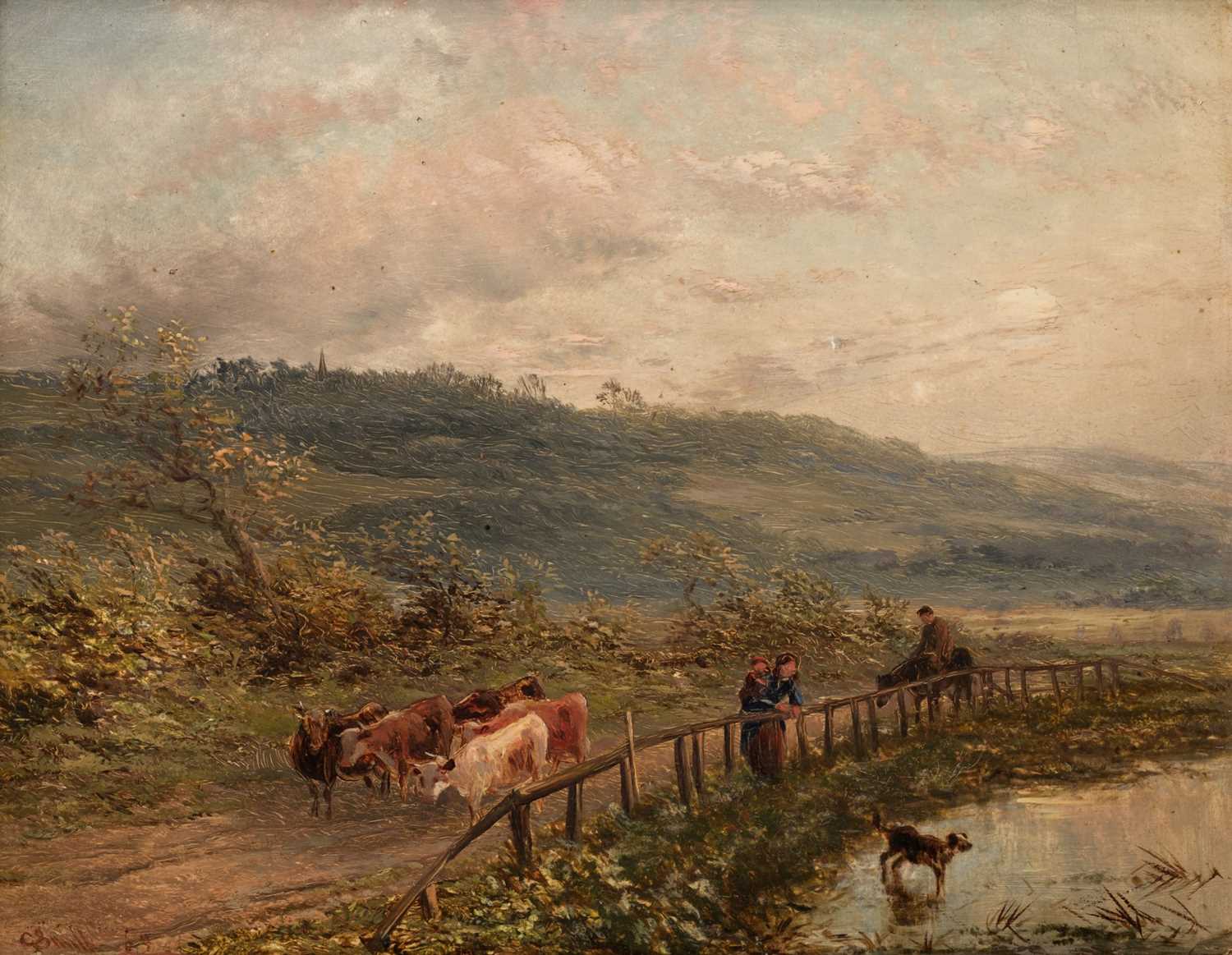 Lot 89 - Smith (C. 19th century). Countryside scene with cattle, 1865, oil on board