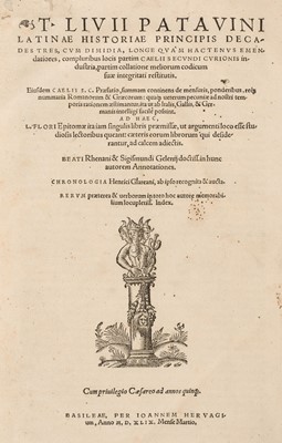 Lot 329 - Livius (Titus). Decades Tres, cum dimidia longe quam hactenus emendatiores..., 1549