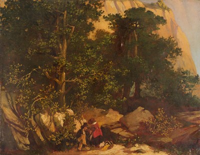 Lot 69 - Continental School. Spanish Landscape with Travellers Resting, circa 1820-1830, oil on canvas