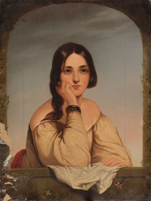 Lot 84 - English School. Young Woman at a Window, circa 1840-1850, oil on canvas..., and others