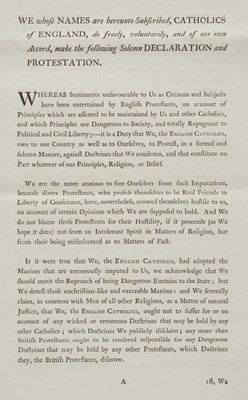 Lot 295 - Catholic Emancipation. The Declaration and Protestation Signed by the English Catholic Dissenters