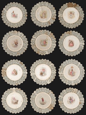 Lot 126 - Potter (Beatrix, 1866-1943, after). A set of 12 hand-painted Peter Rabbit & Benjamin Bunny doilies