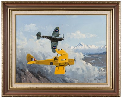 Lot 126 - Beadle (Peter, 1933-2021). Spitfire and Tiger Moth flying over Mount Cook, New Zealand, oil on board