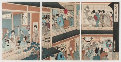 Lot 183 - Chikanobu (Toyohara, 1838-1912). Wealthy merchants celebrating Ebisu, 1889