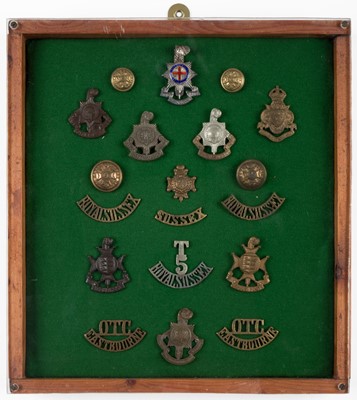 Lot 309 - Regimental badges. A framed collection of military cap badges