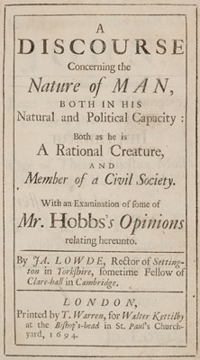 Lot 263 - Lowde (James). A Discourse Concerning the Nature of Man, 1st edition, 1694