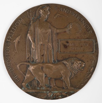 Lot 208 - First day of the Somme. A WWI bronze memorial plaque to Private James Tees Scott