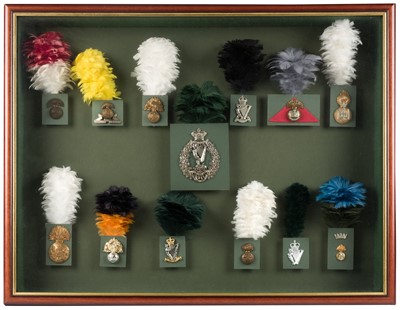 Lot 308 - Regimental badges. A collection six framed cap badge and hackle displays