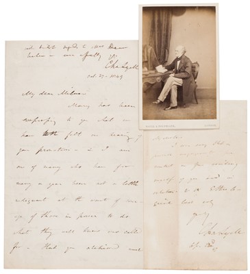 Lot 299 - Lyell (Charles). Autograph Letter Signed, 'Cha Lyell', no place, 27 October 1849