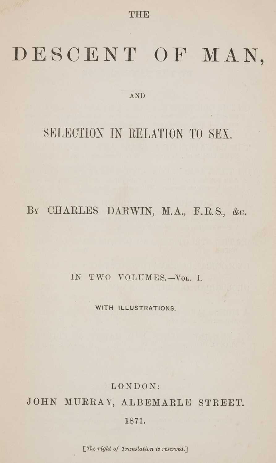 Lot 47 - Darwin (Charles). The Descent of Man, 2 volumes, 1st edition, 1st issue, London: John Murray, 1871
