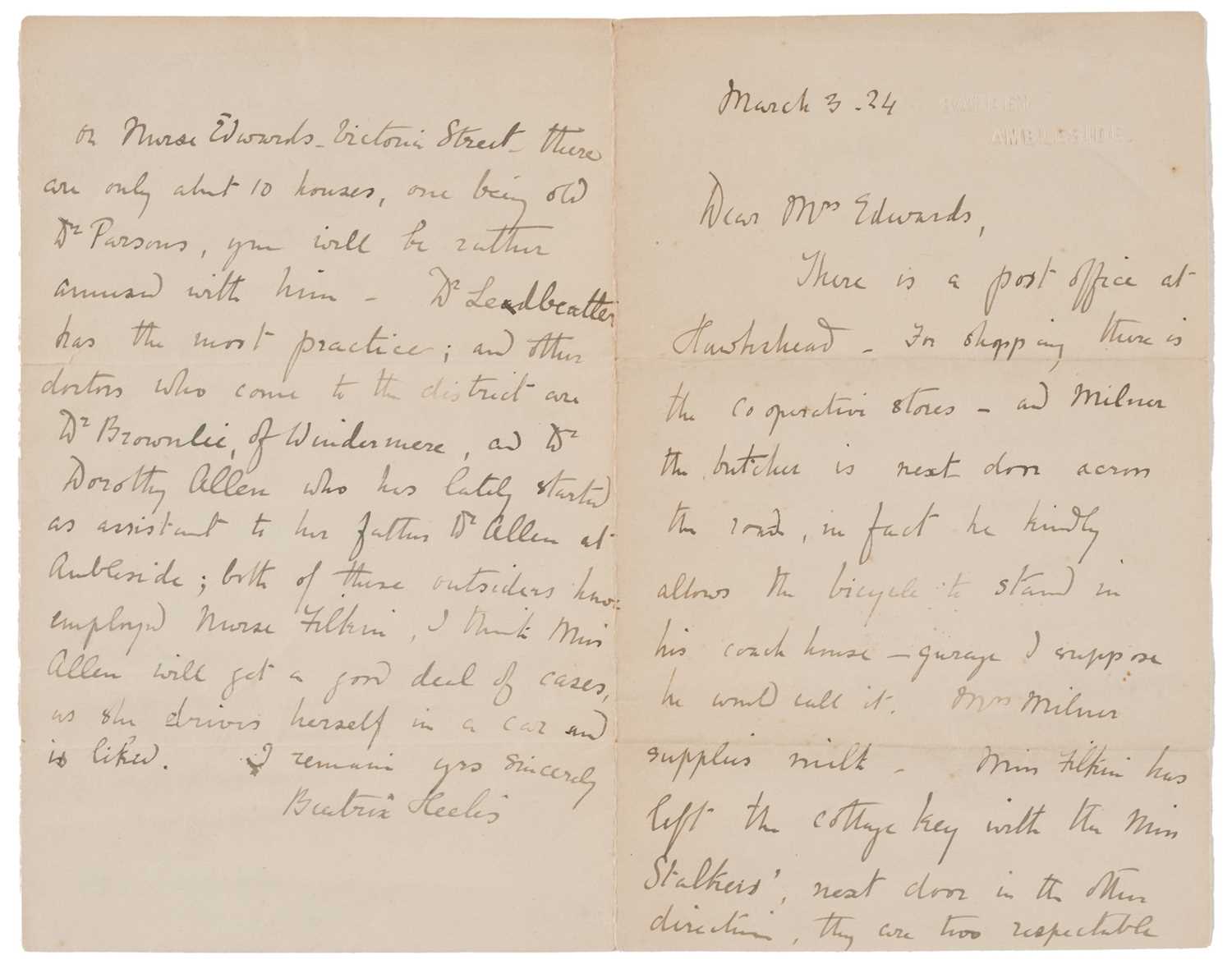 Lot 103 - Potter (Beatrix). Autograph Letter Signed, 3 March 1924