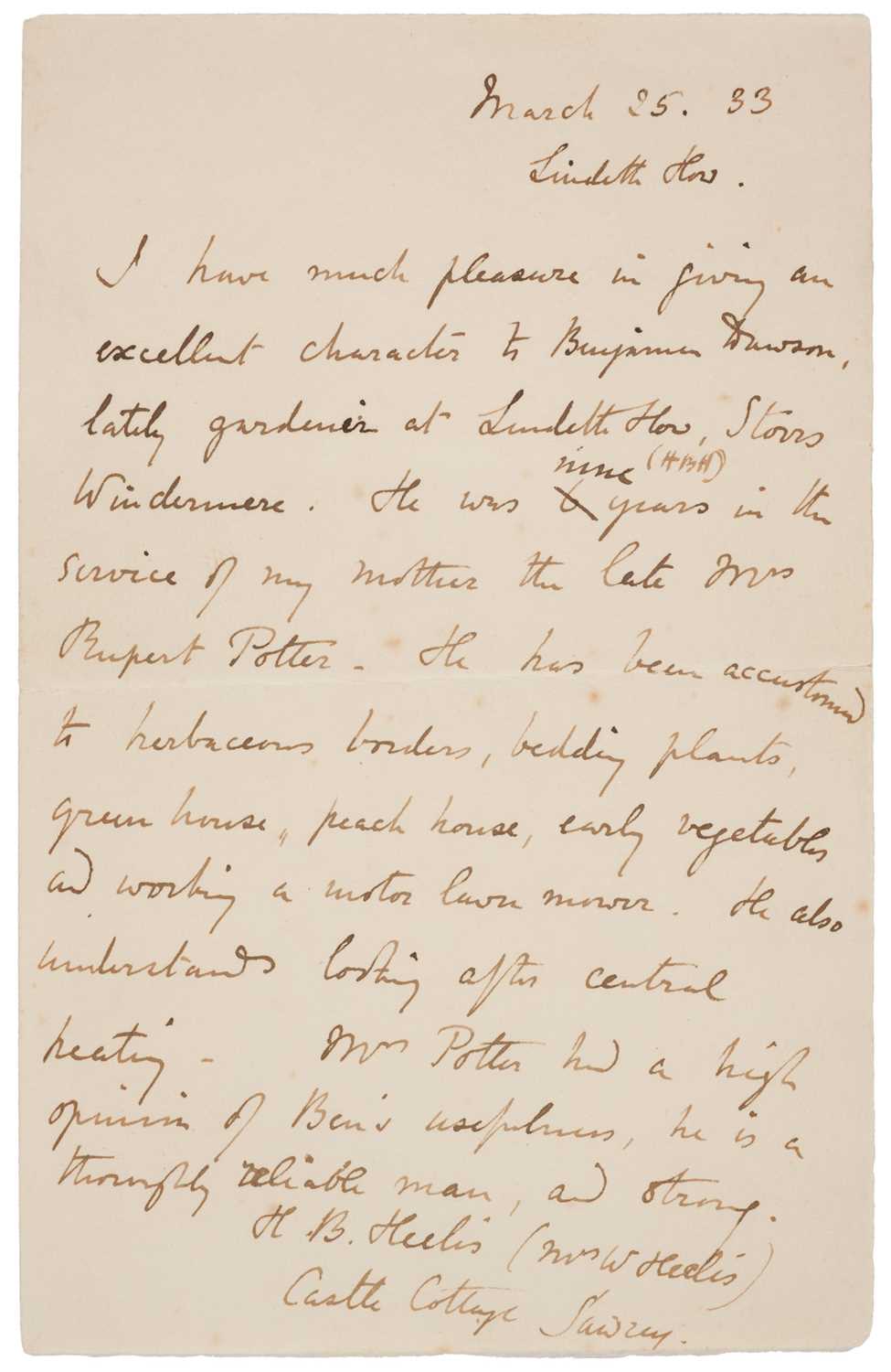 Lot 108 - Potter (Beatrix). Autograph Testimonial Signed, 25 March 1933