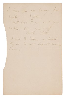 Lot 100 - Potter (Beatrix). Incomplete Autograph Letter Signed, circa 1907