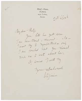 Lot 324 - Woolf (Virginia, 1882-1941), Autograph Letter Signed, ‘Virginia’, 21 April [1938]