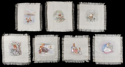 Lot 124 - After Beatrix Potter (1866-1943). A group of seven paintings on fringed silk