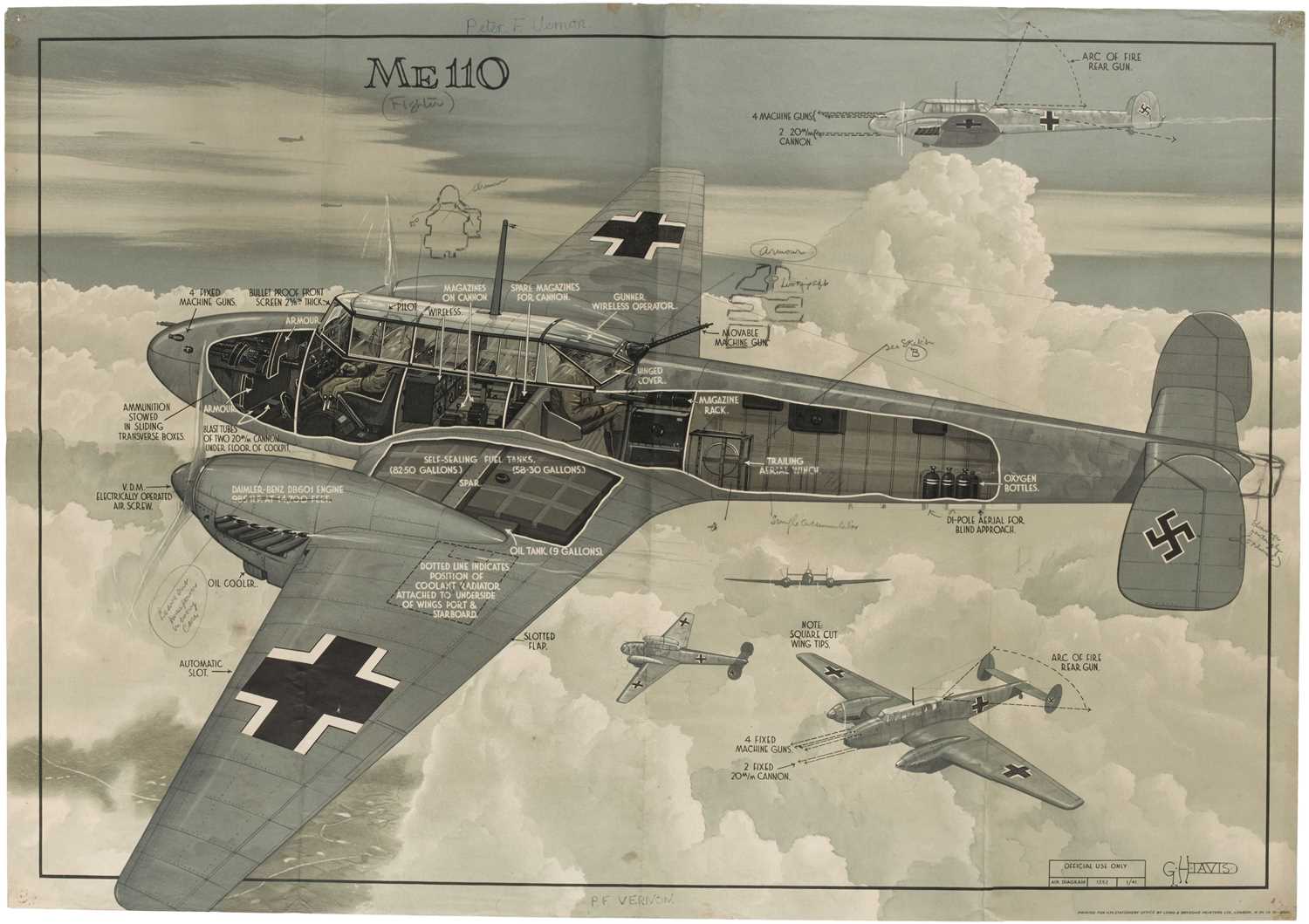 Lot 26 - Davis (George Horace, 1881-1963). Messerschmitt ME 110, HMSO, c. 1941, lithographic cutaway poster