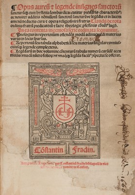 Lot 238 - Jacobus, de Voragine. Opus aureum et legende insignes sanctorum, Lyon, 1524