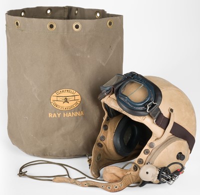 Lot 131 - Flying helmet. A brown leather flying helmet by Campbell Aero Classic NZ belonging to Ray Hanna