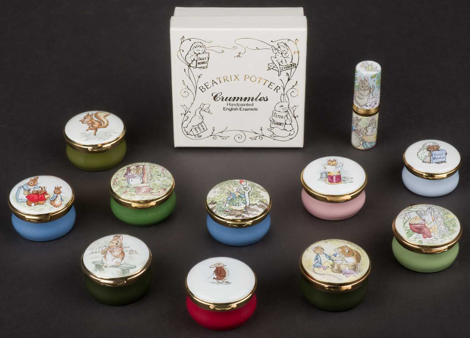 Lot 157 - Crummles & Co. Enamel Boxes. A collection of eleven Beatrix Potter boxes, 1992