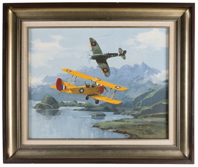 Lot 125 - Beadle (Peter, 1933-2021). Spitfire and Tiger Moth flying over Lake Manapouri, New Zealand