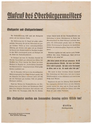 Lot 223 - German head of state referendum. Appeal by the Mayor of Stuttgart, 1934