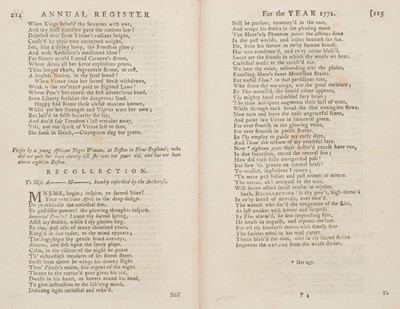 Lot 348 - Wheatley (Phillis, c. 1753-1784). ‘On Recollections’, a poem published in the Annual Register