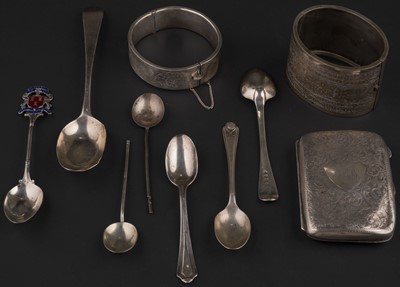 Lot 708 - Mixed silver. A small collection of mixed silver items including a silver bangle, by Joseph Smith & Sons (Birmingham) Ltd, Chester, 1939
