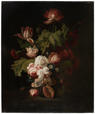 Lot 12 - Verelst (Simon, 1644-1721). Still Life with roses, tulips, carnations & convolvulus in a vase