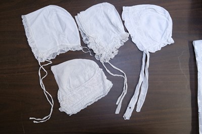 Lot 449 - Children's Clothing. A hollie point lace baby bonnet, late 18th century, & other garments