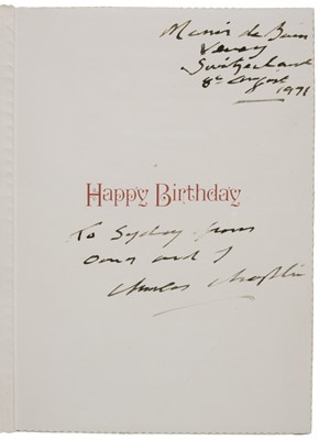 Lot 268 - Chaplin (Charles, 1889-1977). Signed birthday card, ‘Charles Chaplin’...