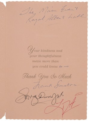 Lot 315 - Sinatra (Frank & Minnelli, Liza & Davis Jr., Sammy). A triple-signed thankyou card, (1989)