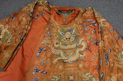 Lot 452 - Chinese Dragon Robe. A silk brocade nine-dragon robe, late Qing Dynasty, & another