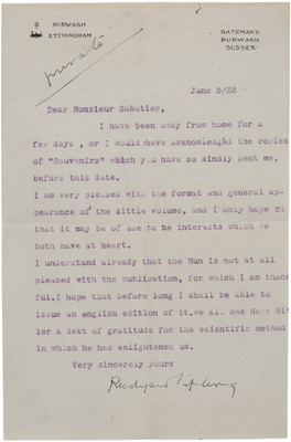 Lot 295 - Kipling (Rudyard, 1865-1936). Typed Letter Signed, ‘Rudyard Kipling’